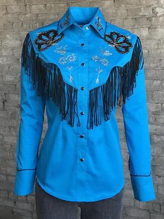 Rockmount Women'S Fringe & Embroidery Cotton Gab Western Shirt-turquoise-xxl