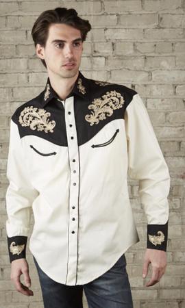 Rockmount Natural & Black Vintage Shirt With Tan Floral Embroidery-xxl