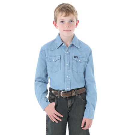 Wrangler Boys Stonewashed Denim Long Sleeve Solid Snap Shirt